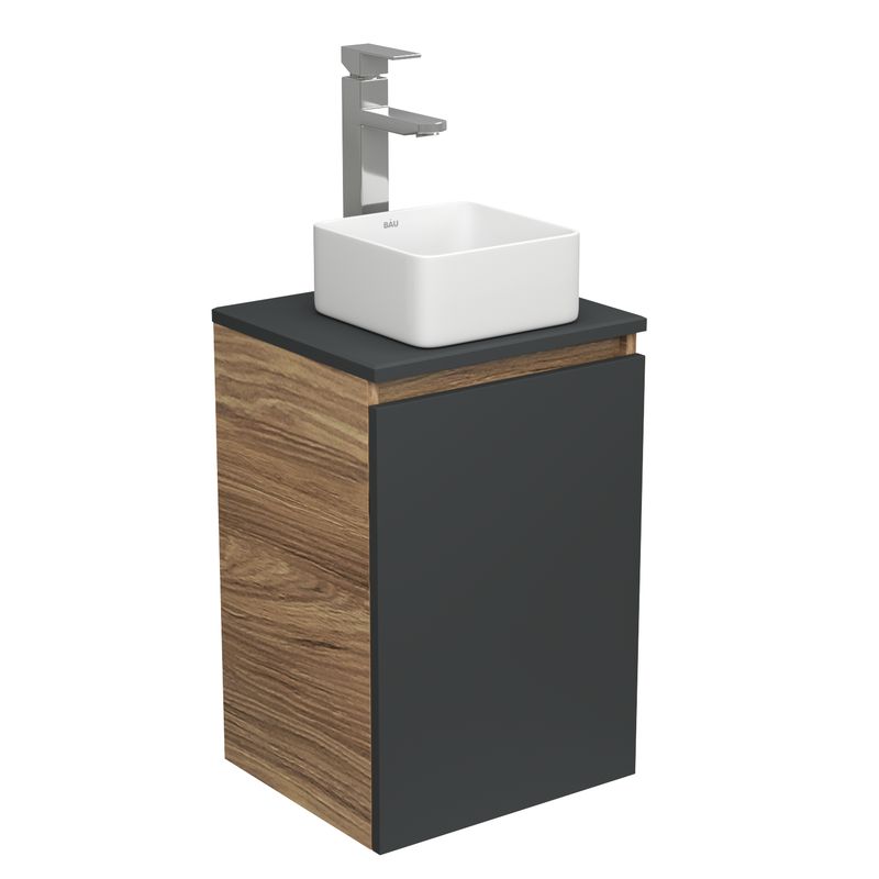 Комплект для ванной, 3 предмета (тумба Bau Dream 40, графит + раковина накладная BAU Hotel mini 24х24, смеситель высокий Hotel Still)