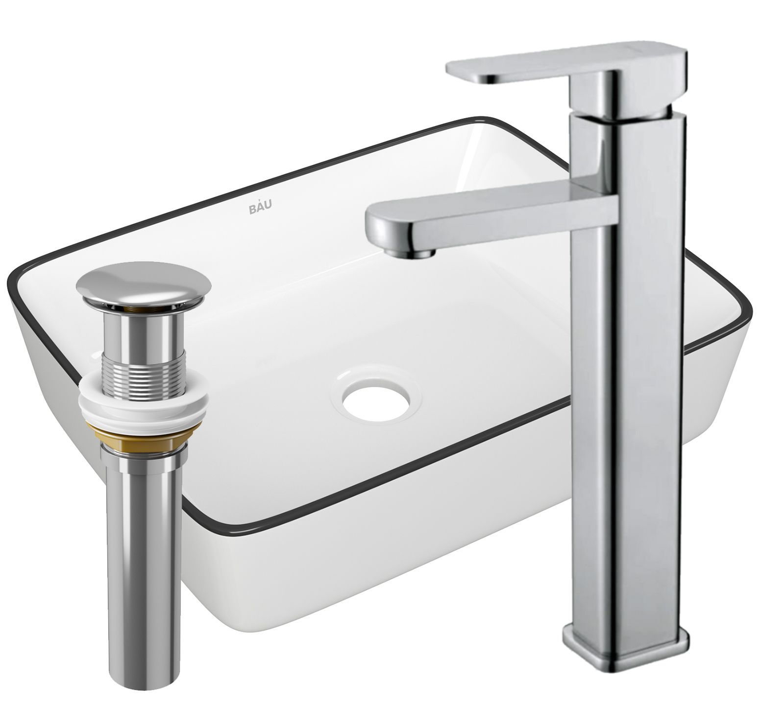 Раковина накладная со смесителем и выпуском (прямоугольная BAU Hotel 48х37, белая + смеситель Hotel Still, нер. сталь, выпуск клик-клак хром)