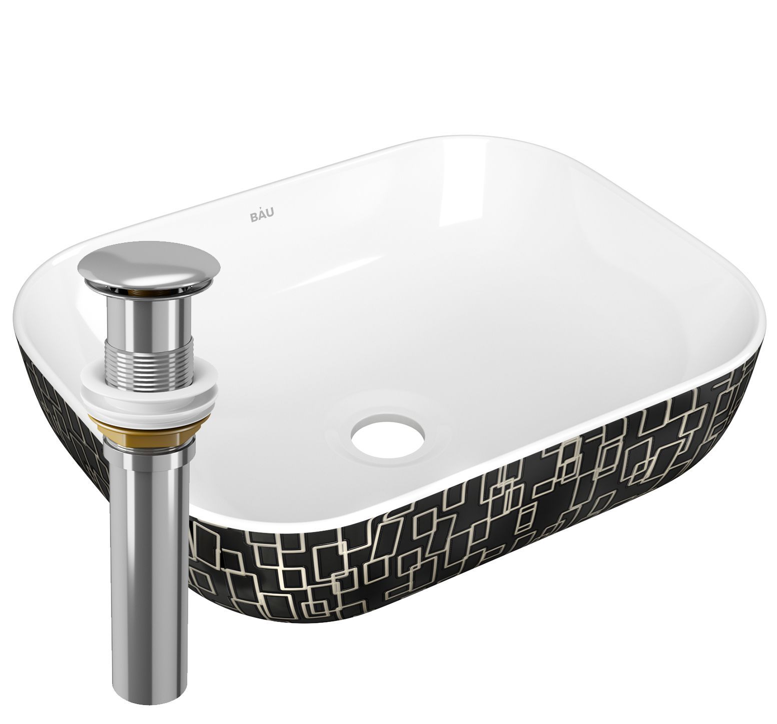 Раковина накладная прямоугольная BAU Stil 50х40, белая/черная с орнаментом + выпуск клик-клак, хром