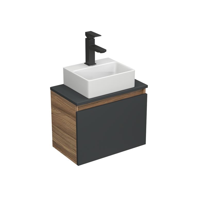 Комплект для ванной, 3 предмета (Тумба подвесная под раковину Bau Blackwood 50, графит + раковина BAU 33х28, смеситель Hotel Black, черный)