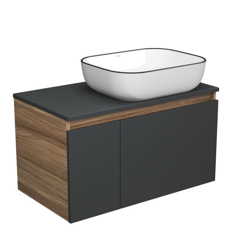 Тумба с раковиной (тумба подвесная Bau Dream Blackwood 80, графит + раковина санфаянс накладная BAU Stil Black Rand 50х40)