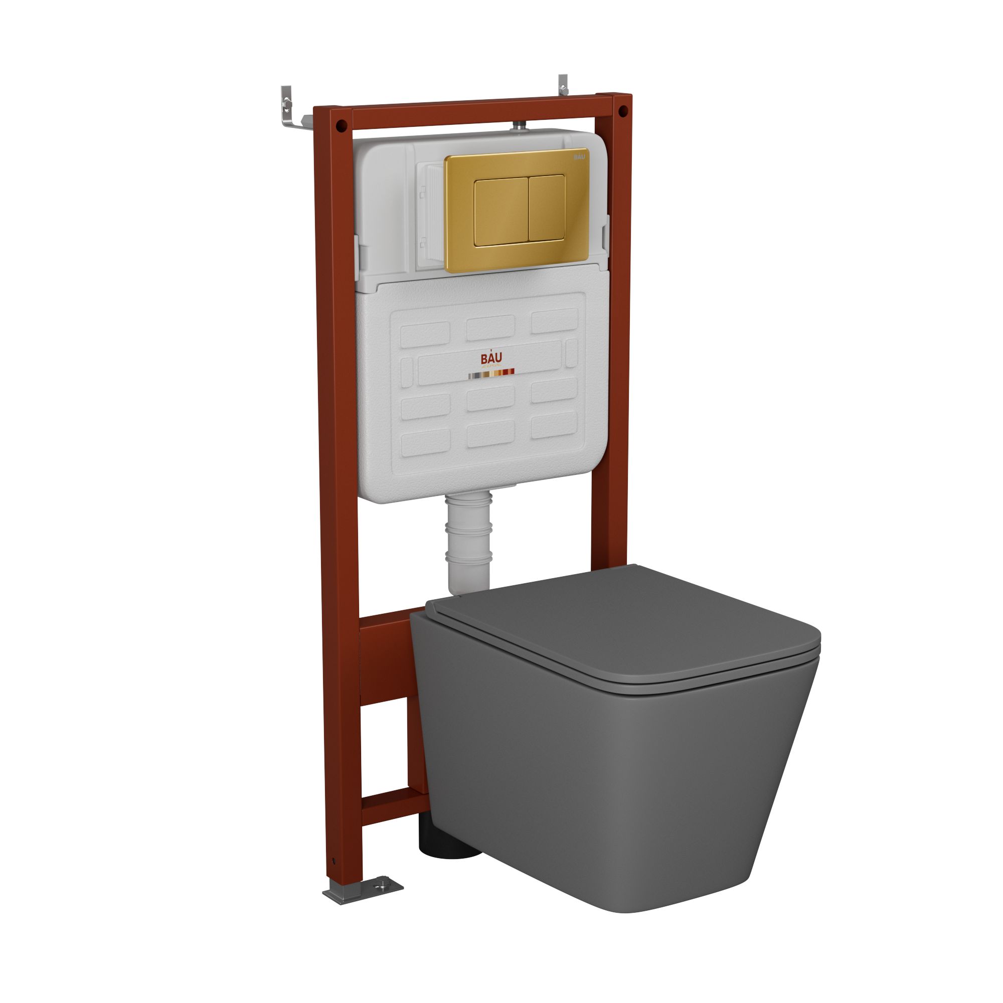 Комплект BAU 6 в 1: усиленная инсталляция BAU IDEAL, унитаз подвесной безободковый торнадо обратного потока Bau Stil Hurricane-2 темно-серый матовый, сиденье микролифт, клавиша BAU Light золото