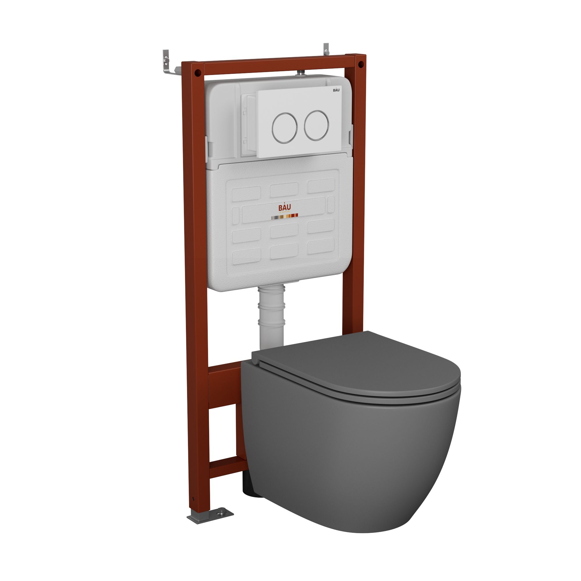 Комплект BAU 6 в 1: усиленная инсталляция BAU IDEAL, унитаз подвесной безободковый торнадо обратного потока Bau Dream Hurricane-2 темно-серый матовый, сиденье микролифт, клавиша BAU Round, белый/хром