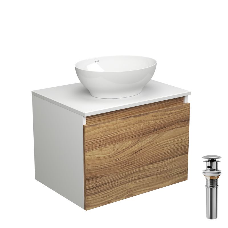 Тумба с раковиной и выпуском (тумба подвесная Bau Dream 60 + раковина овальная BAU Nimb 41х33, белая, выпуск клик-клак, хром)