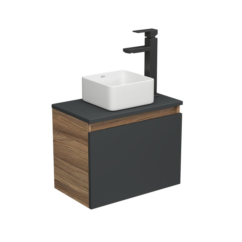 Комплект для ванной, 3 предмета (тумба Bau Dream 50, графит + раковина накладная BAU Hotel mini 24х24, смеситель высокий Hotel Black)