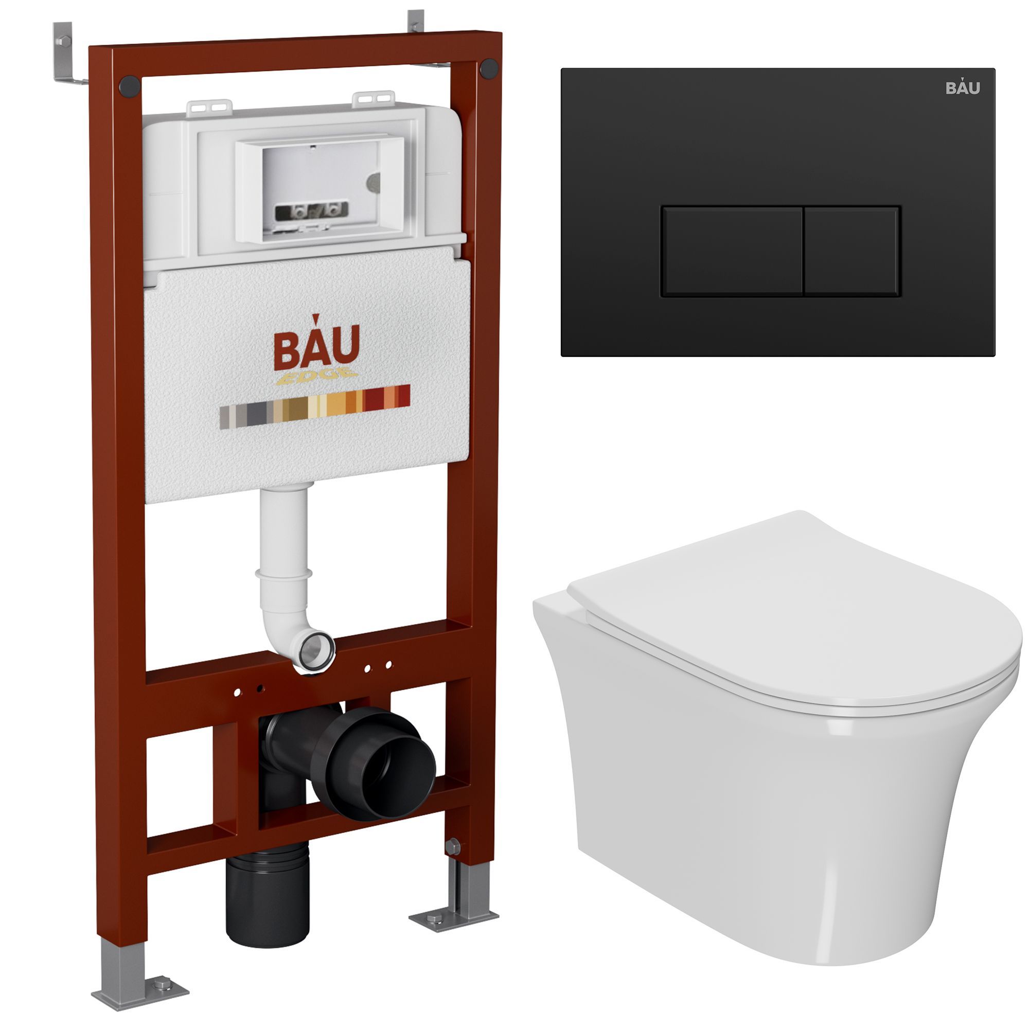 Комплект BAU 6 в 1: инсталляция BAU PRO, унитаз подвесной безободковый Bau Spectrum PRO, сиденье быстросъемное микролифт, клавиша BAU Hotel, черный матовый