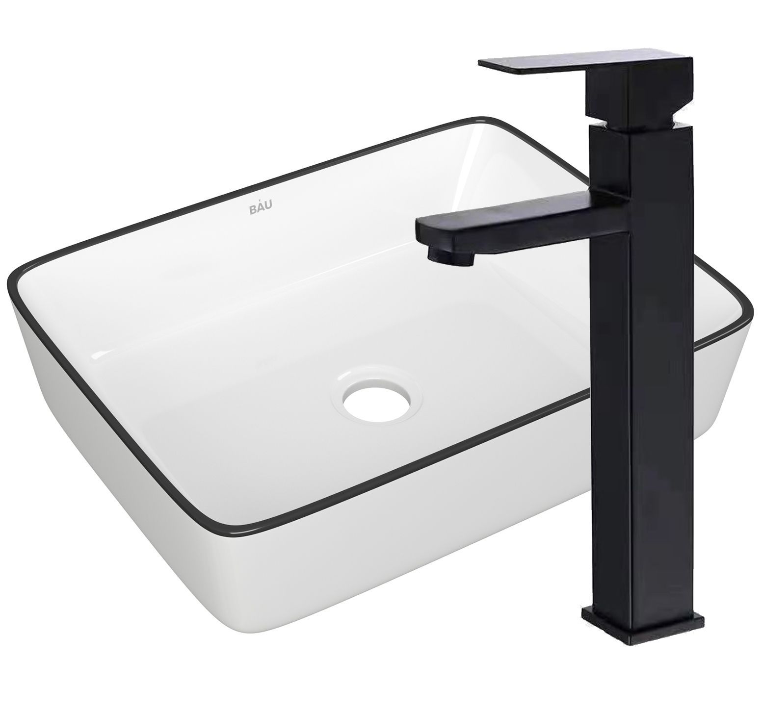Раковина накладная со смесителем (прямоугольная BAU Hotel 48х37, белая, черный кант + смеситель высокий Hotel Black, черный)