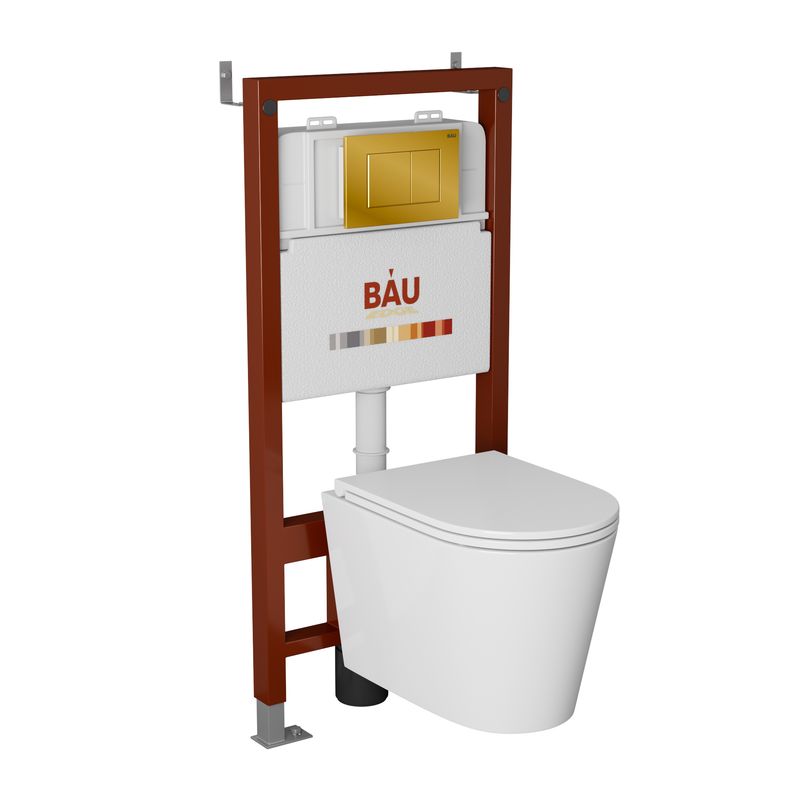Комплект BAU 6 в 1: инсталляция BAU PRO, унитаз подвесной торнадо Bau Nimb Hurricane-2, сиденье дюропласт микролифт, клавиша BAU Stil, золото