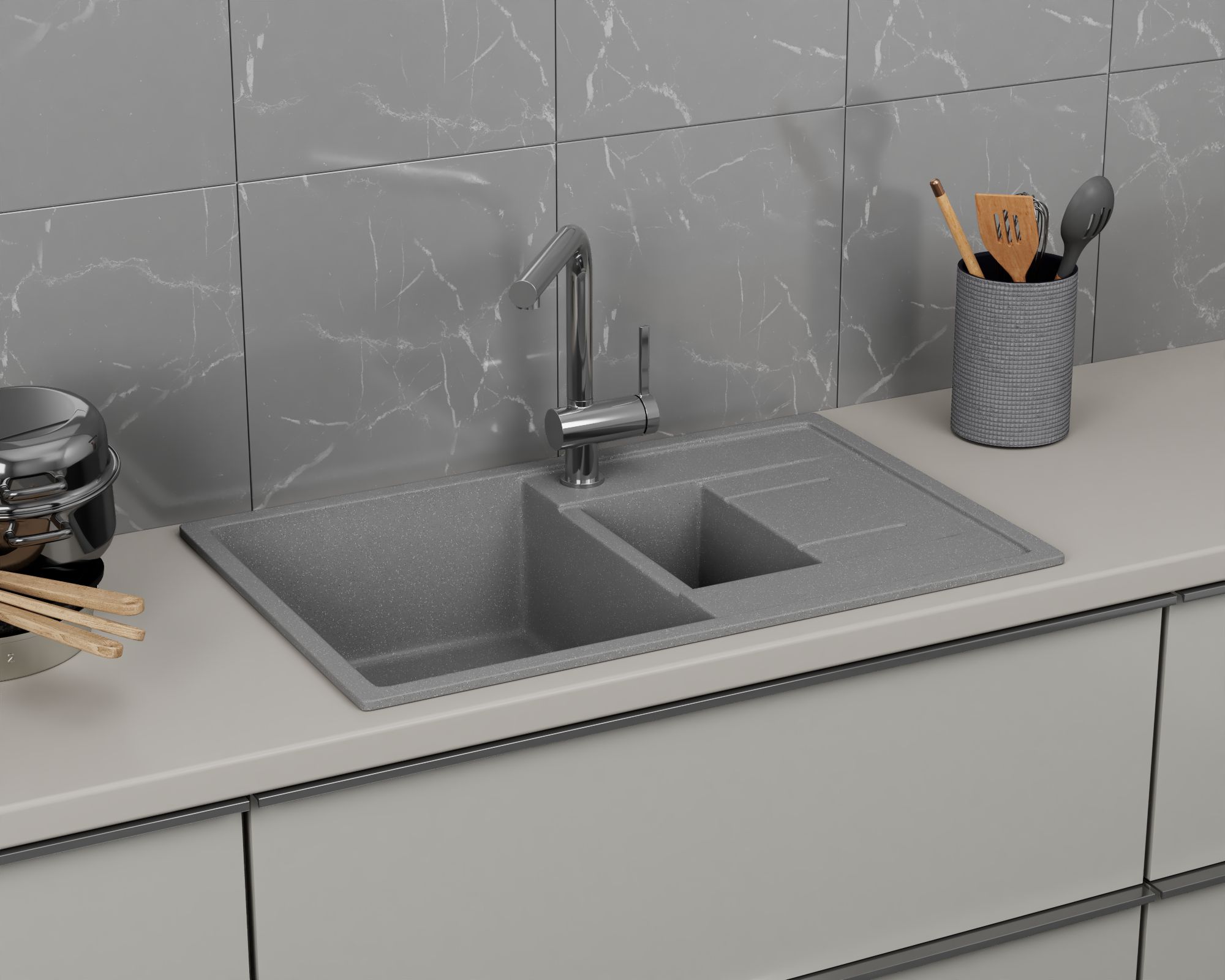 Мойка для кухни оборачиваемая, полуторная чаша с крылом BAU Stil Gray stone 77х50, выпуск с сифоном в комплекте, серый камень