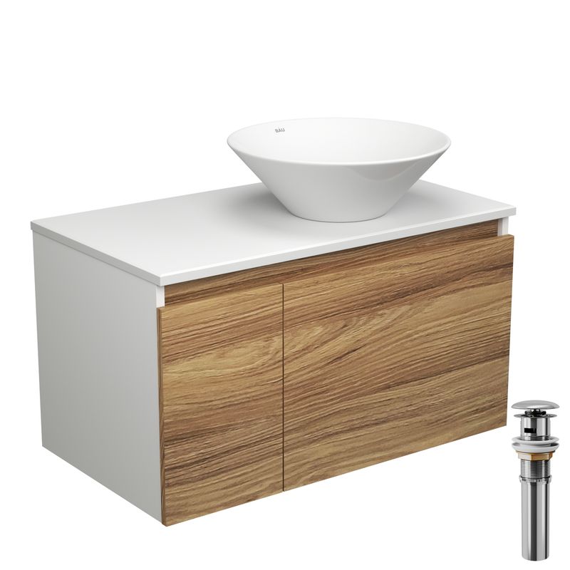 Тумба с раковиной и выпуском (тумба подвесная Bau Dream 80 + раковина BAU Dream D43, белая, выпуск клик-клак, хром)