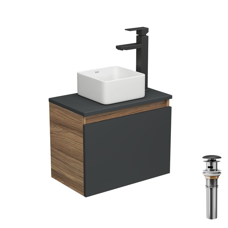 Комплект для ванной, 4 предмета (тумба Bau 50, графит + раковина BAU Hotel mini 24х24 + смеситель Hotel Black, выпуск клик-клак, черный)