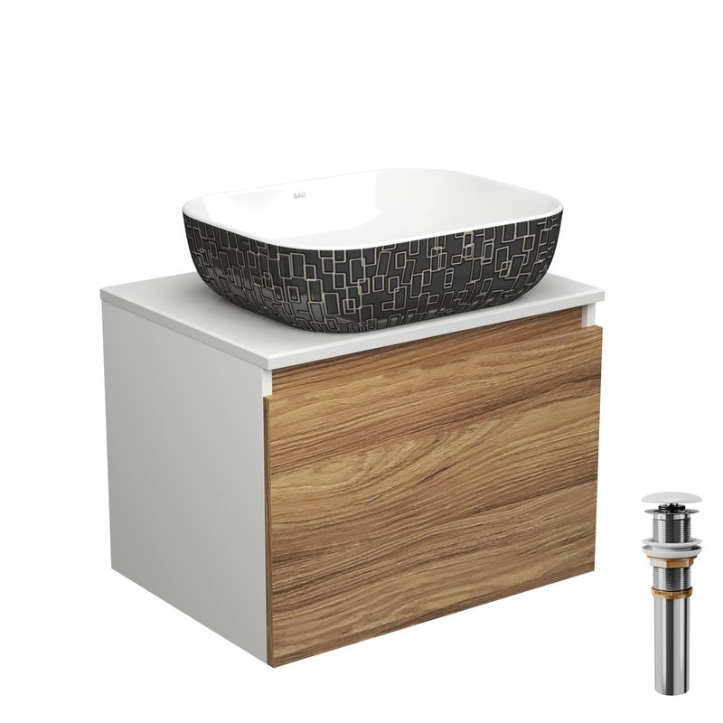 Тумба с раковиной и выпуском (тумба подвесная Bau Dream 60 + раковина BAU Stil Black White 50х40, белая/черная, выпуск клик-клак, белый)