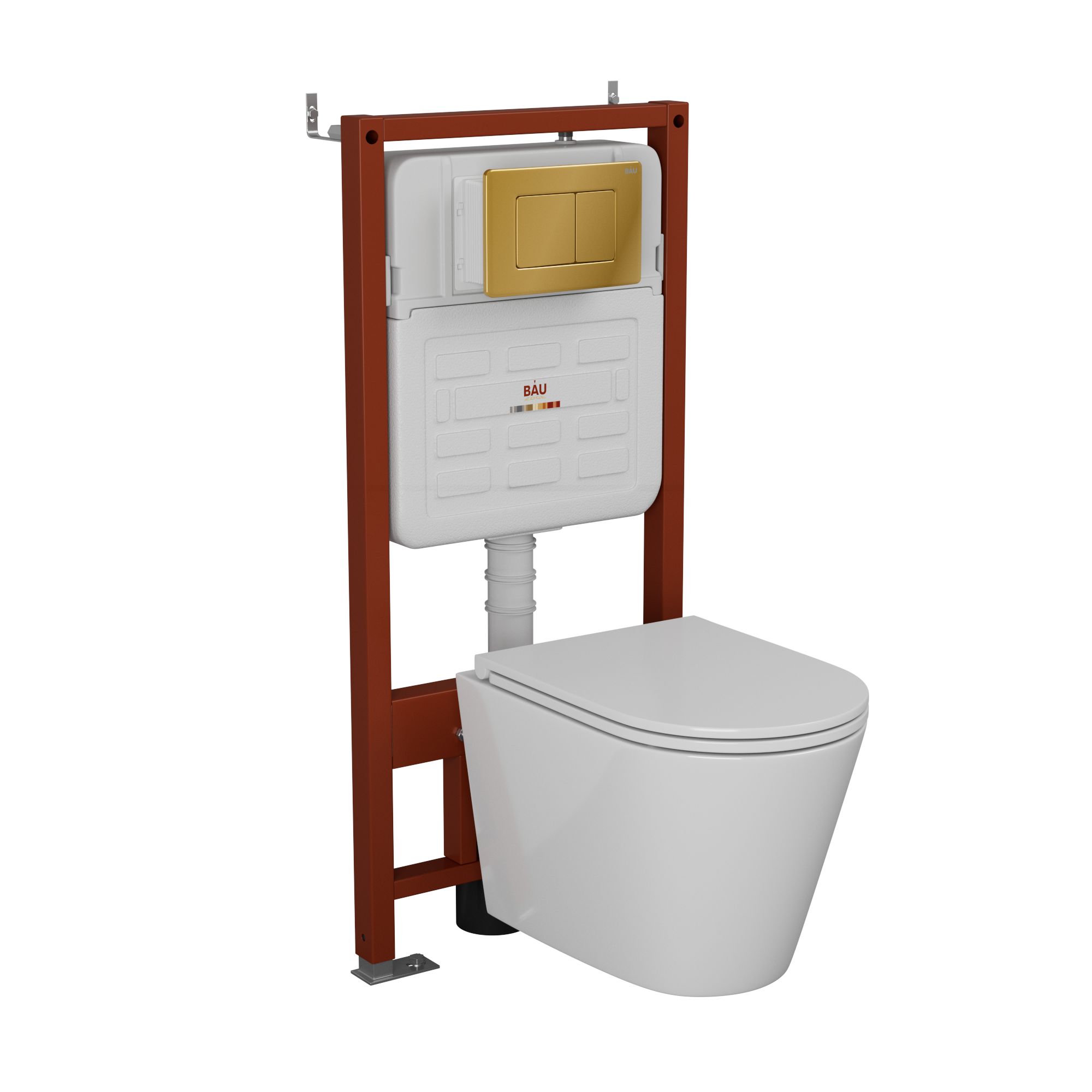 Комплект BAU 6 в 1: усиленная инсталляция BAU IDEAL, унитаз подвесной безободковый торнадо обратного потока Bau Nimb Hurricane2, сиденье микролифт, клавиша BAU Light антивандальная, нерж. сталь золото