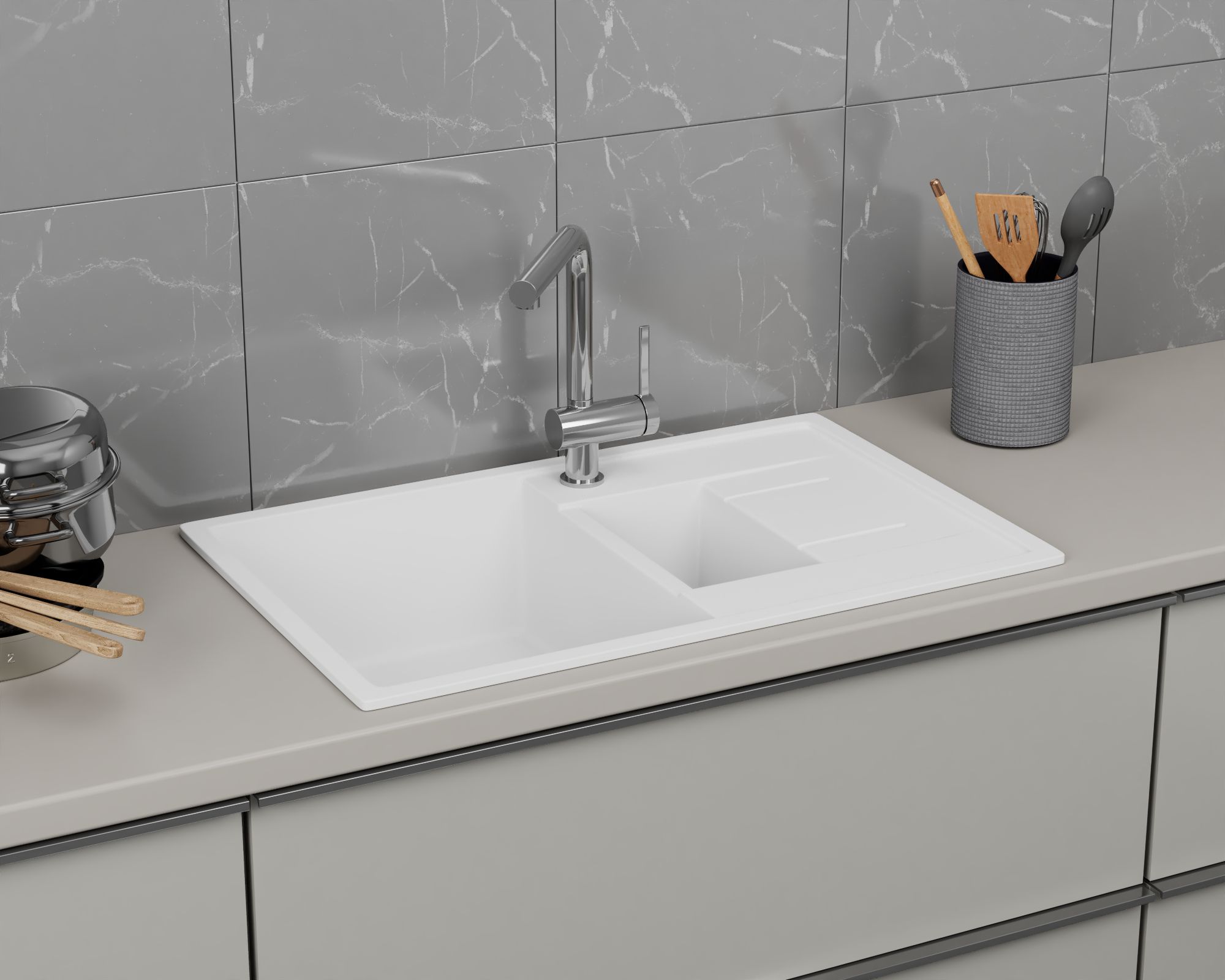 Мойка для кухни оборачиваемая полуторная чаша с крылом BAU Stil White snow 77х50, выпуск с сифоном в комплекте, белый снег