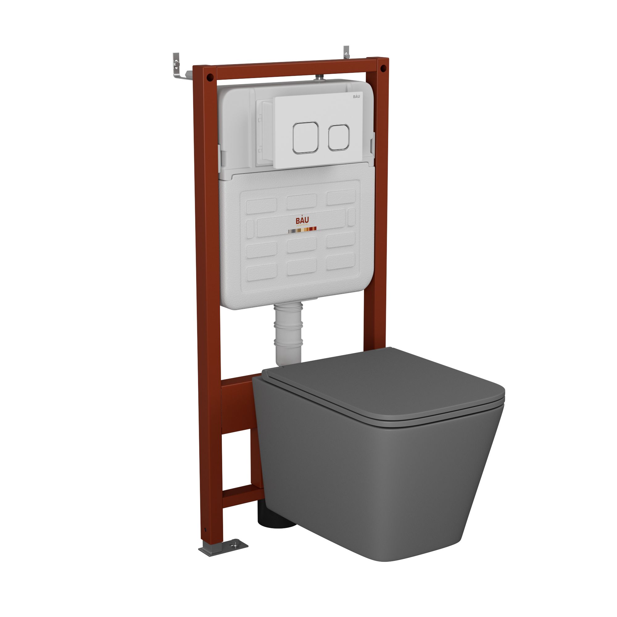 Комплект BAU 6 в 1: усиленная инсталляция BAU IDEAL, унитаз подвесной безободковый торнадо обратного потока Bau Stil Hurricane-2 темно-серый матовый, сиденье микролифт, клавиша BAU Strike, белая/хром