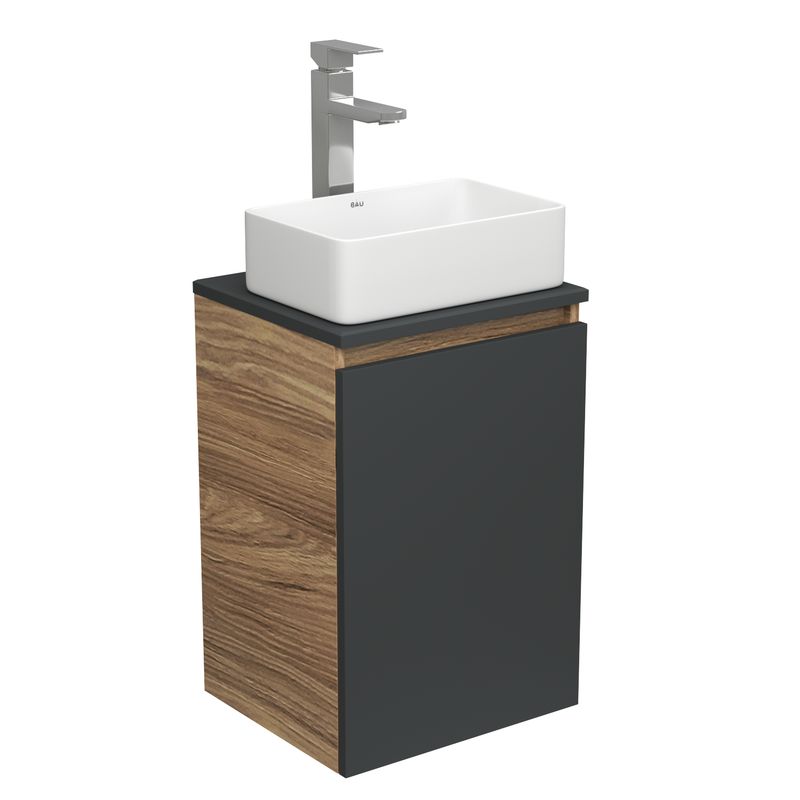 Комплект для ванной, 3 предмета (тумба Bau Dream 40, графит + раковина санфаянс накладная BAU Hotel mini 37х23, смеситель высокий Hotel Still)