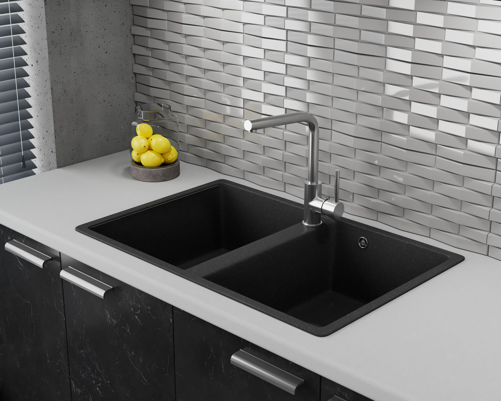 Мойка для кухни оборачиваемая двойная чаша BAU Stil Black stone 77х50, выпуск с сифоном в комплекте, черный камень