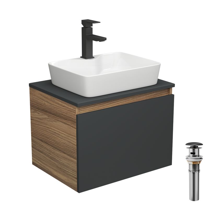 Комплект для ванной, 4 предмета (тумба Bau 60, графит + раковина BAU 48х37, с отв. под смеситель + смеситель Hotel Black, выпуск клик-клак, черный)