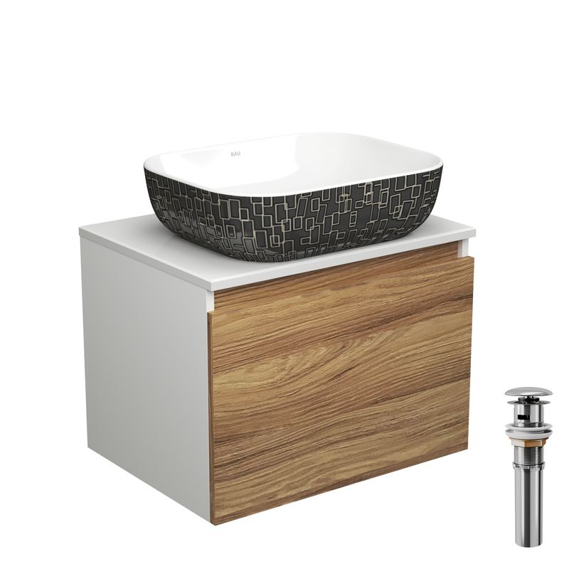 Тумба с раковиной и выпуском (тумба подвесная Bau Dream 60 + раковина BAU Stil Black White 50х40, белая/черная, выпуск клик-клак, хром)