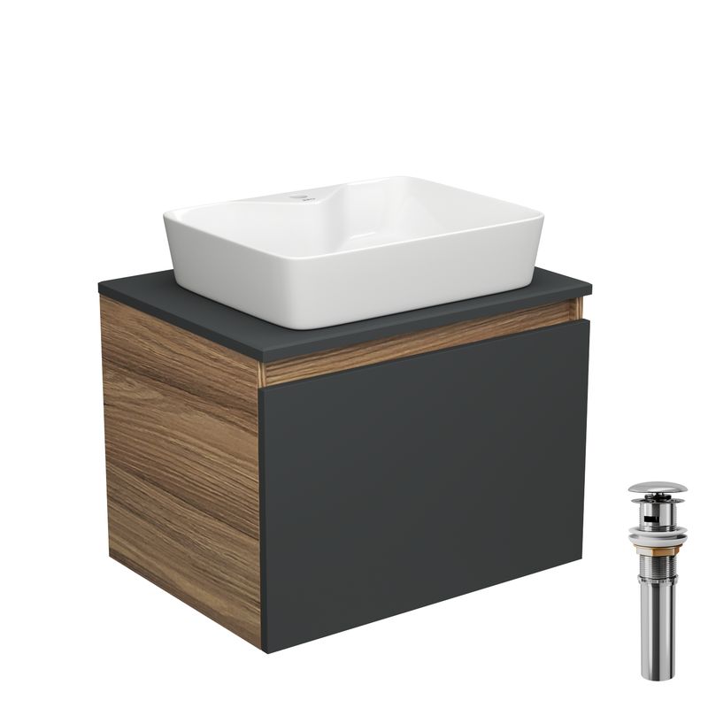 Тумба с раковиной и выпуском (тумба Bau Dream 60, графит + раковина накладная BAU Cerama 48х37, с отверстием под смеситель, выпуск клик-клак, хром)