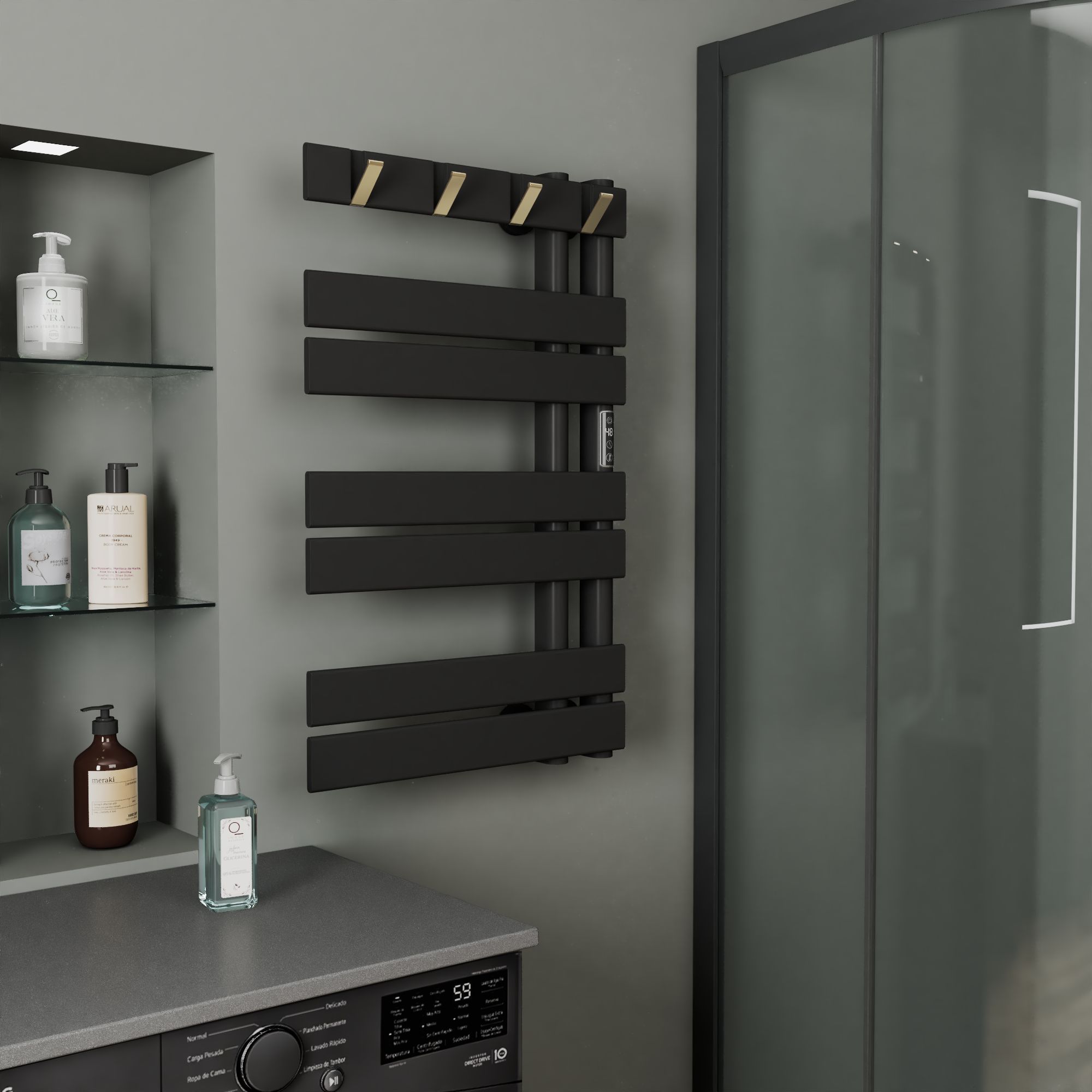 Полотенцесушитель дизайнерский электрический BAU Wind Hook Black 80х50, подключение нижнее, черный матовый