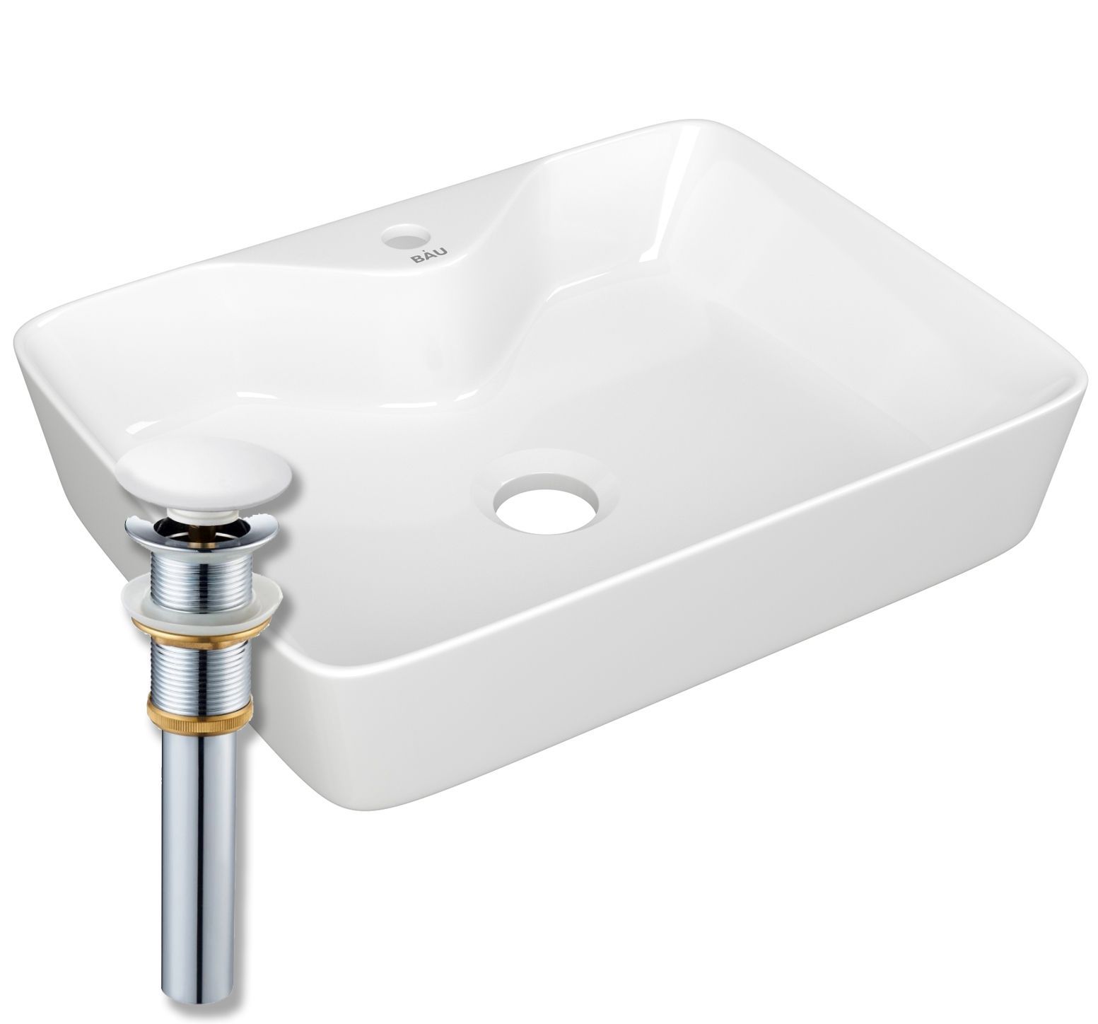 Раковина прямоугольная накладная BAU Cerama 48х37, с отверстием под смеситель, белая + выпуск клик-клак, белый