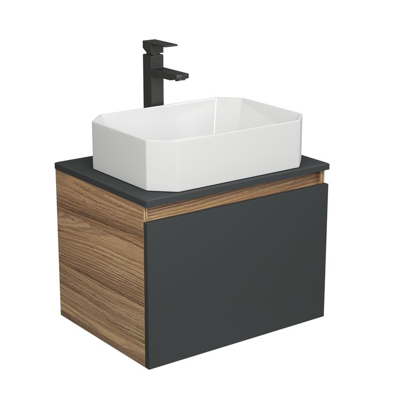 Комплект для ванной, 3 предмета (Тумба подвесная Bau Blackwood 60 графит + Раковина BAU Hotel 51х37, Смеситель высокий Hotel Black, черный)