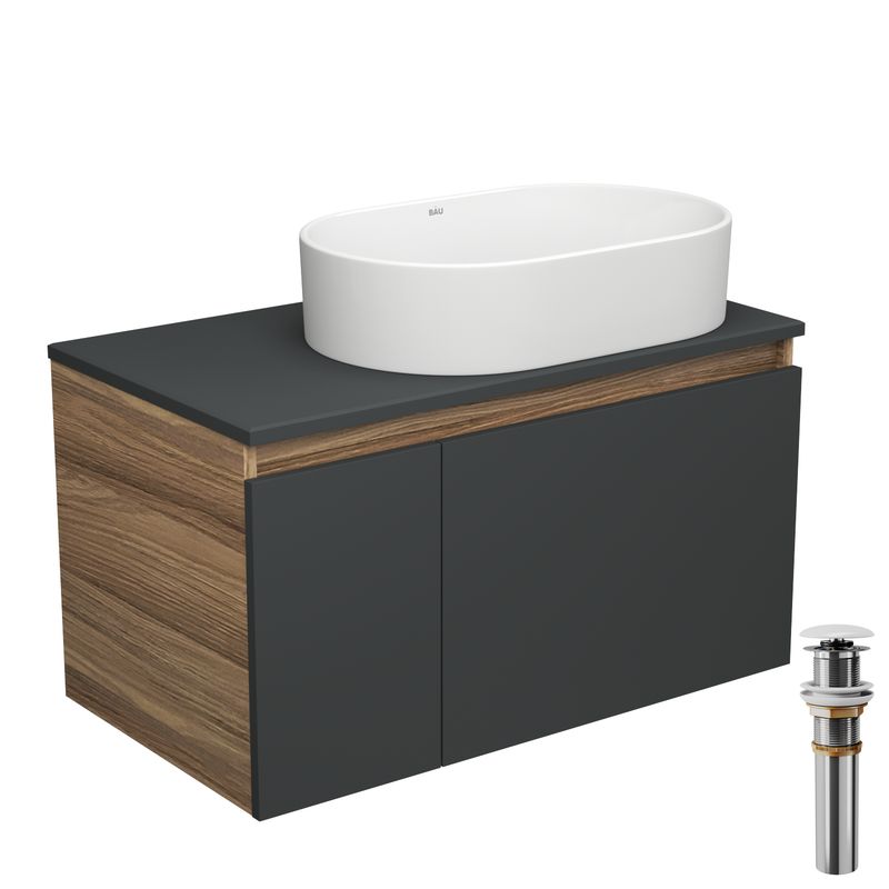 Тумба с раковиной и выпуском (тумба Bau Dream 80, графит + раковина санфаянс накладная овальная BAU Nimb 56х36, выпуск клик-клак, белый)