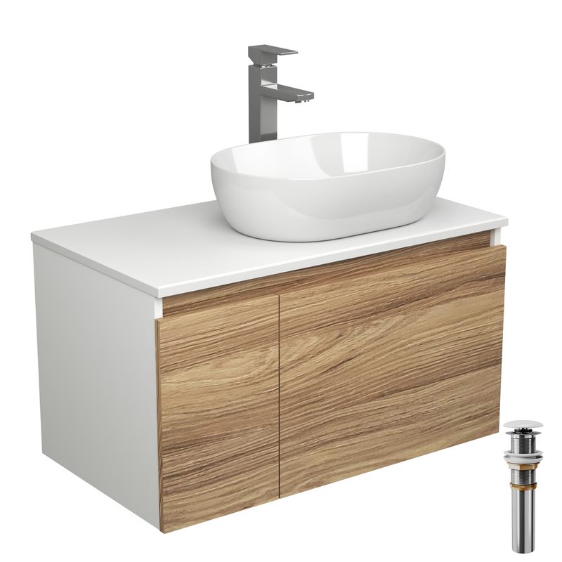 Комплект для ванной, 4 предмета (Тумба подвесная Bau Blackwood 80 + Раковина BAU 48х34 + Смеситель высокий Hotel Still, нерж. сталь, выпуск белый)