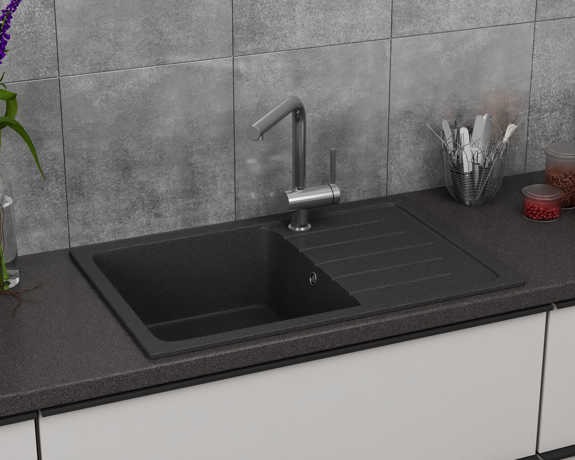 Мойка для кухни оборачиваемая с крылом BAU Stil Black stone 75х50, выпуск с сифоном в комплекте, черный камень