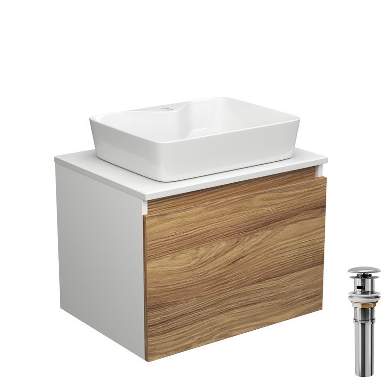 Тумба с раковиной и выпуском (тумба подвесная Bau Dream 60 + раковина BAU Cerama 48х37, с отверстием под смеситель, белая, выпуск клик-клак, хром)