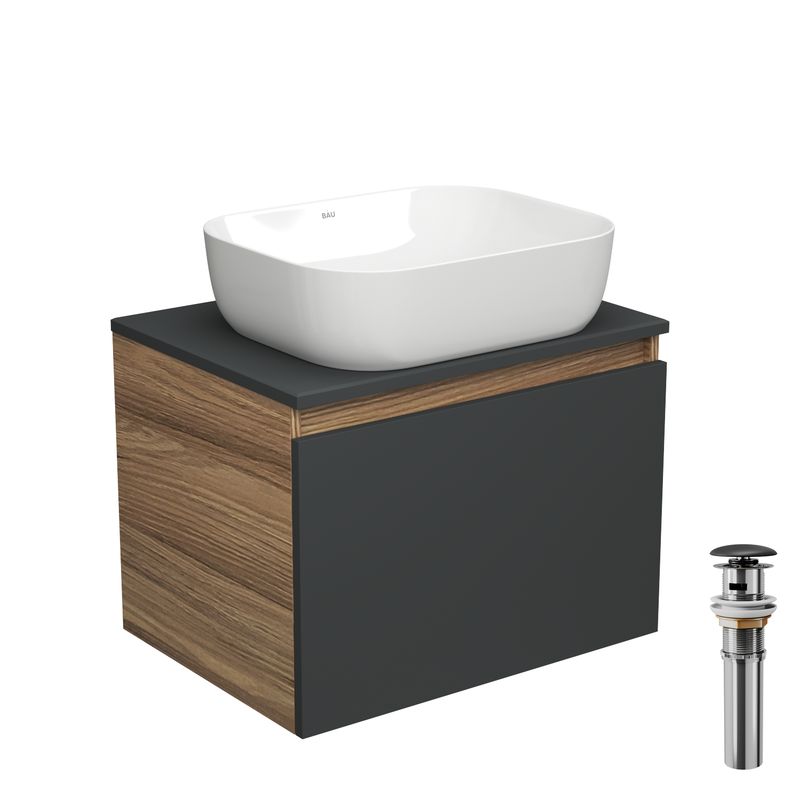 Тумба с раковиной и выпуском (тумба Bau Dream 60, графит + раковина накладная прямоугольная BAU Stil 50х40, выпуск клик-клак, черный)