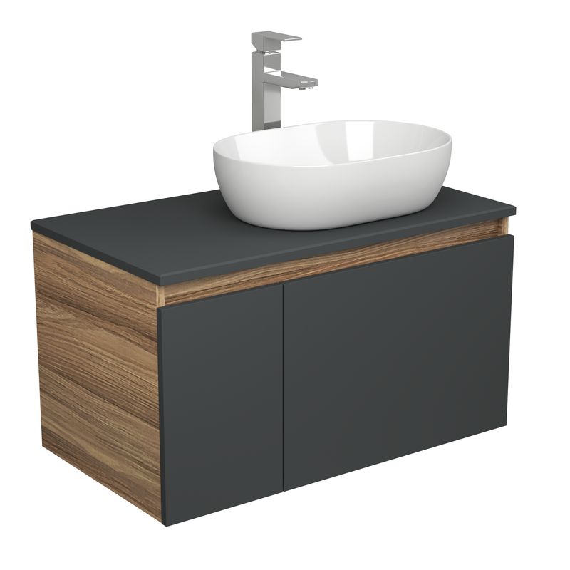 Комплект для ванной, 3 предмета (Тумба подвесная Bau Blackwood 80 графит + Раковина BAU 48х34, Смеситель высокий Hotel Still, нерж. сталь)