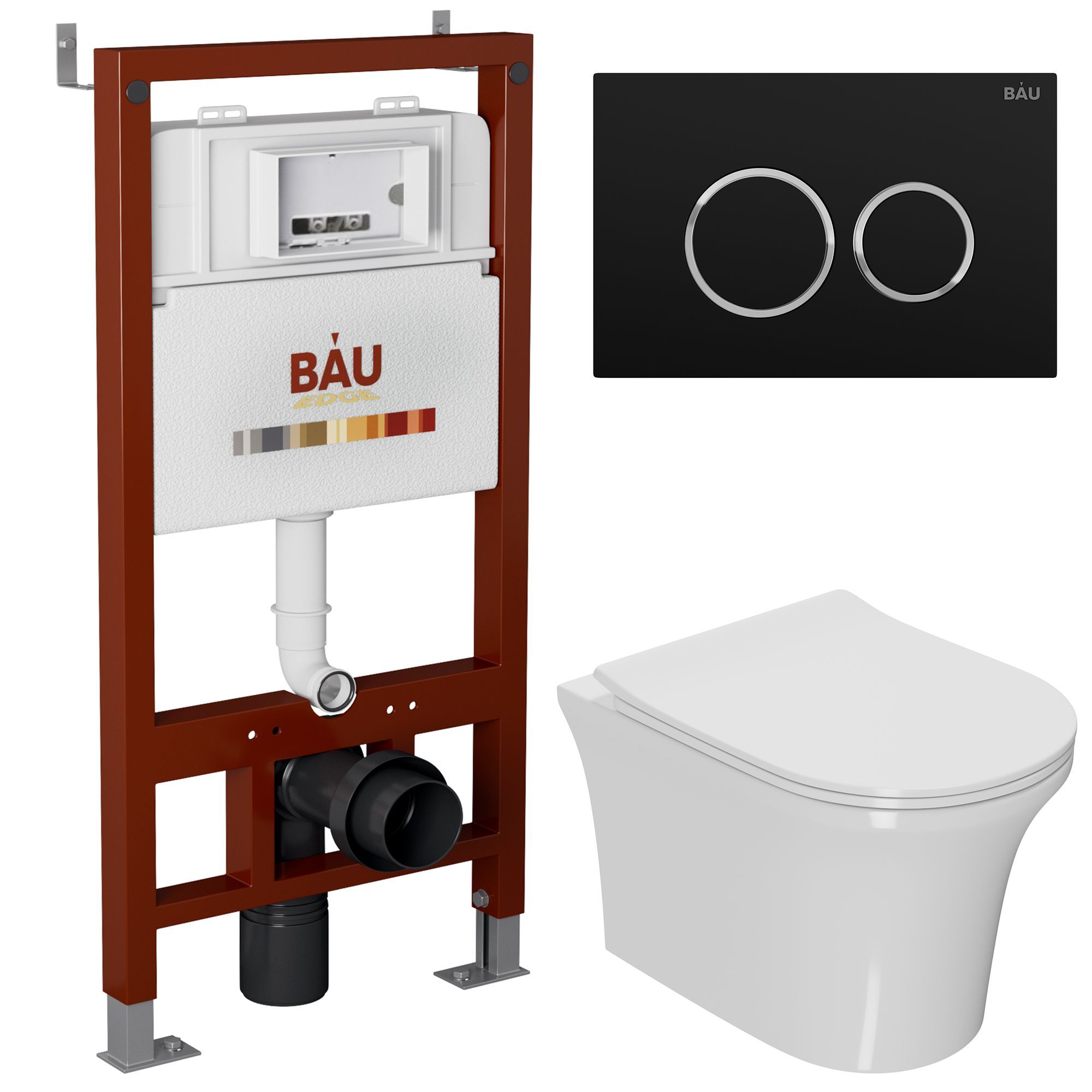 Комплект BAU 6 в 1: инсталляция BAU PRO, унитаз подвесной безободковый Bau Spectrum PRO, сиденье быстросъемное микролифт, клавиша BAU Dream, черный матовый