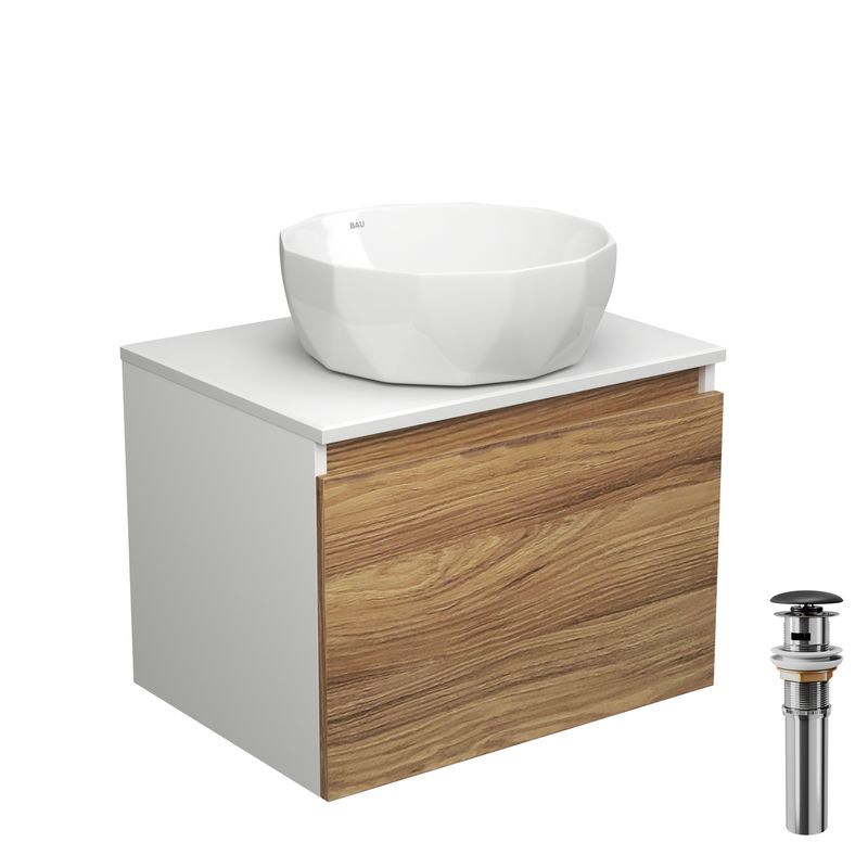 Тумба с раковиной и выпуском (тумба подвесная Bau Dream 60 + раковина на столешницу BAU Diamond D40, белая, выпуск клик-клак, черный)