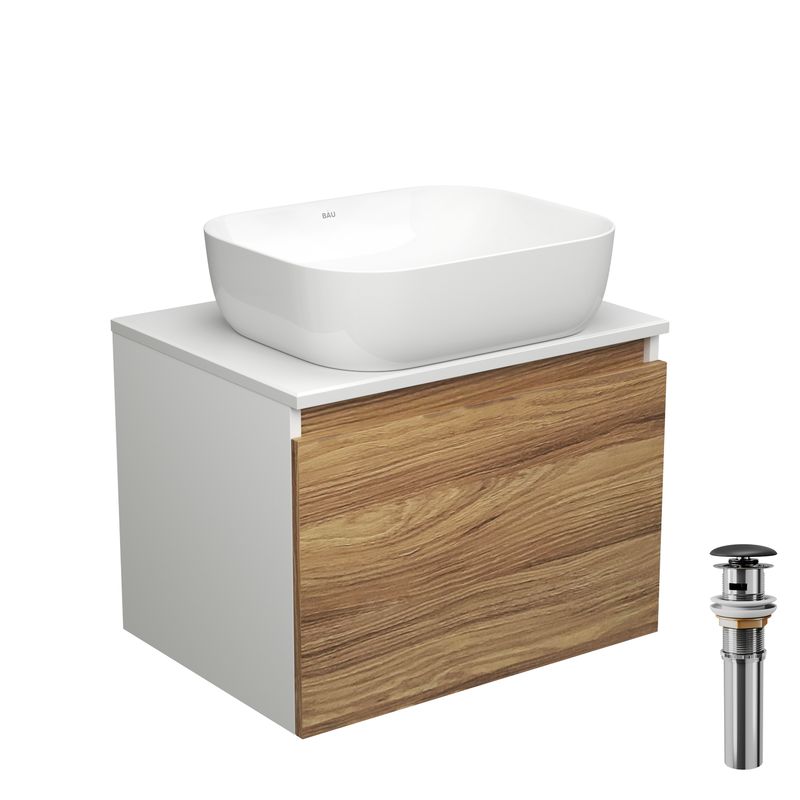 Тумба с раковиной и выпуском (тумба подвесная Bau Dream 60 + раковина BAU Stil Pro Pro 50х40, белая, выпуск клик-клак, черный)