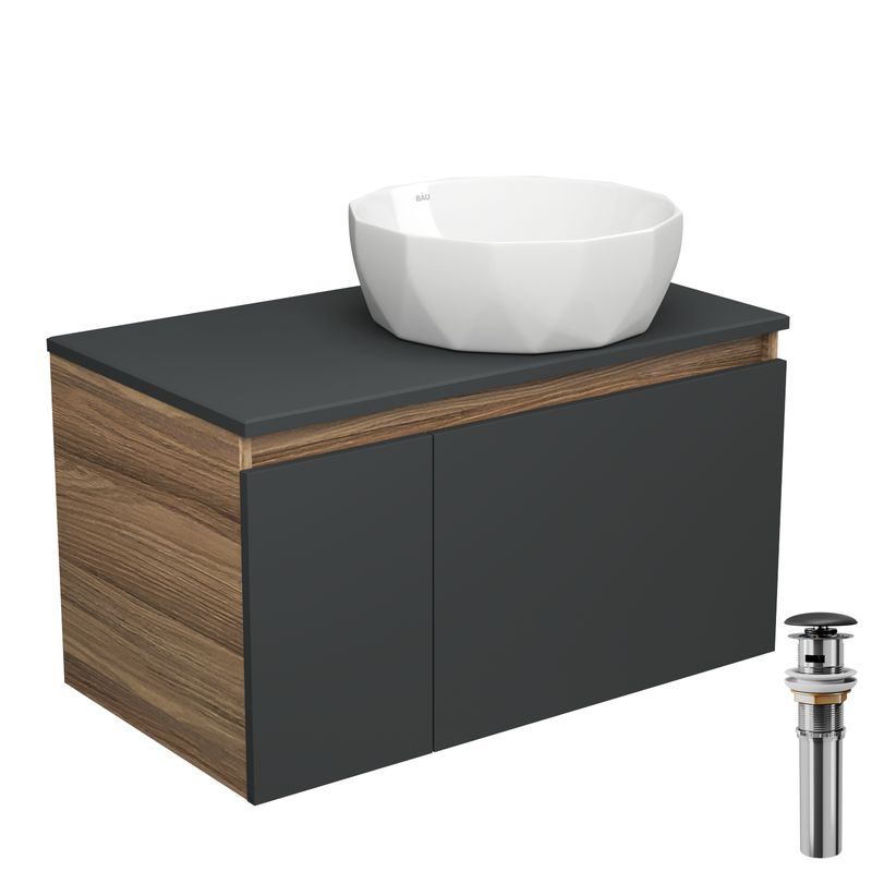 Тумба с раковиной и выпуском (тумба Bau Dream 80, графит + раковина накладная на столешницу BAU Diamond D40, выпуск клик-клак, черный)