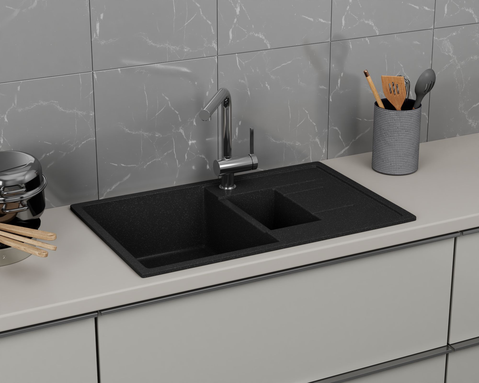 Мойка для кухни оборачиваемая полуторная чаша с крылом BAU Stil Black stone 77х50, выпуск с сифоном в комплекте, черный камень