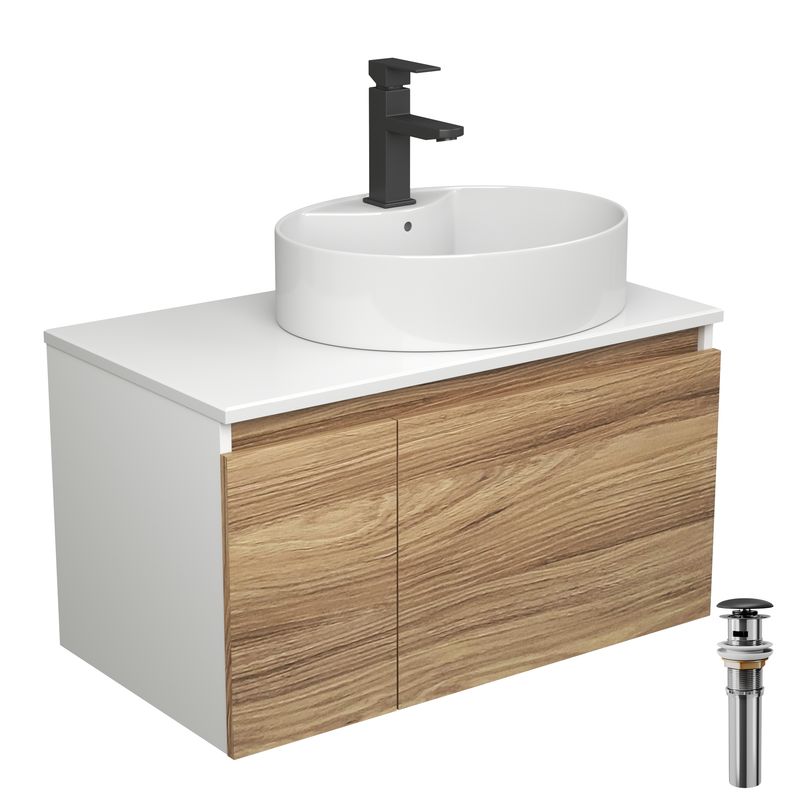 Комплект для ванной, 4 предмета (Тумба подвесная Bau Blackwood 80 + Раковина BAU 51х41, с отв. под см-ль + Смеситель Hotel Black, выпуск черный)