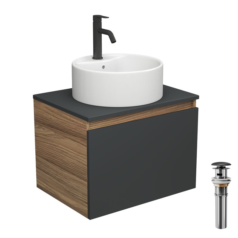 Комплект для ванной, 4 предмета (тумба Bau 60, графит + раковина BAU D40, с отв. под смеситель + смеситель Dream Black, выпуск клик-клак, черный)