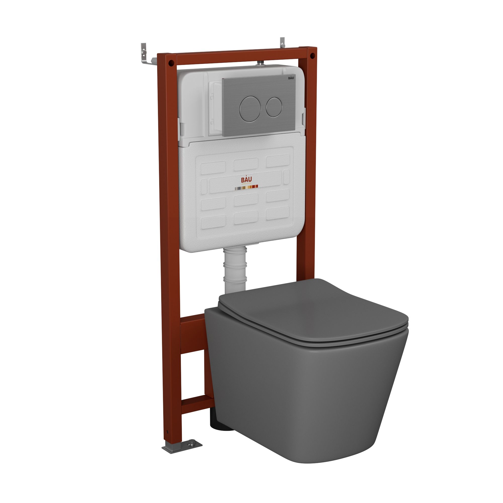 Комплект BAU 6 в 1: усиленная инсталляция BAU IDEAL, унитаз подвесной безободковый Bau Stil темно-серый матовый, сиденье дюропласт микролифт, клавиша BAU Wheel антивандальная, нерж сталь брашированная