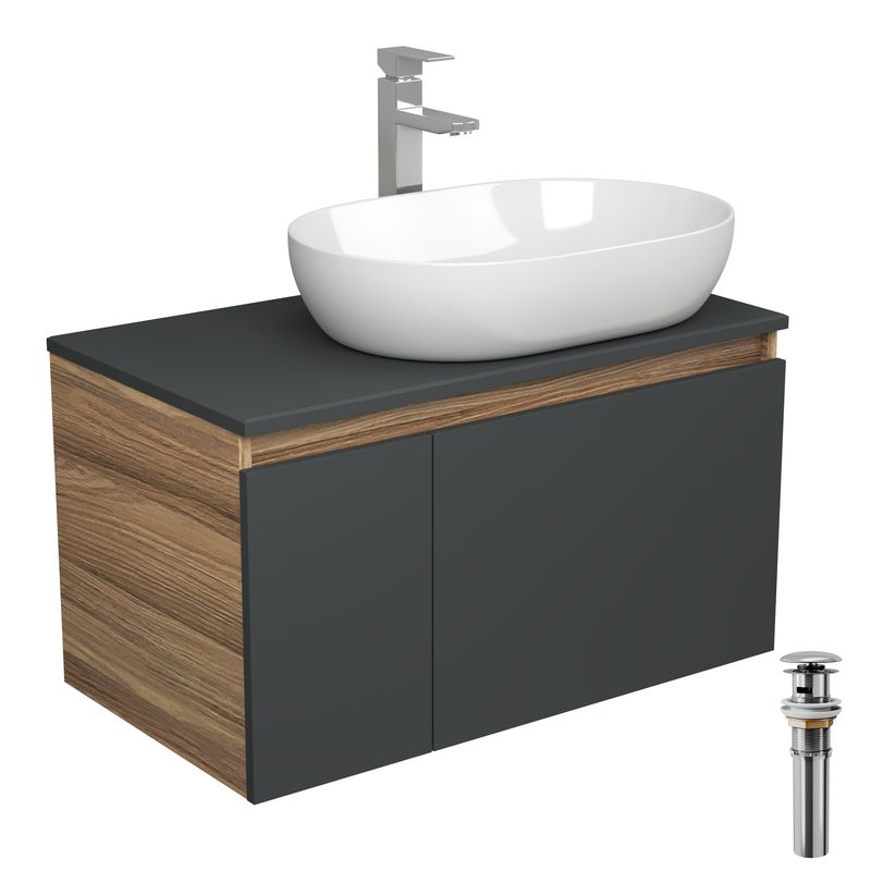 Комплект для ванной, 4 предмета (Тумба подвесная Bau Blackwood 80 графит + Раковина BAU 59х40, Смеситель высокий Hotel Still, нерж. сталь, выпуск)