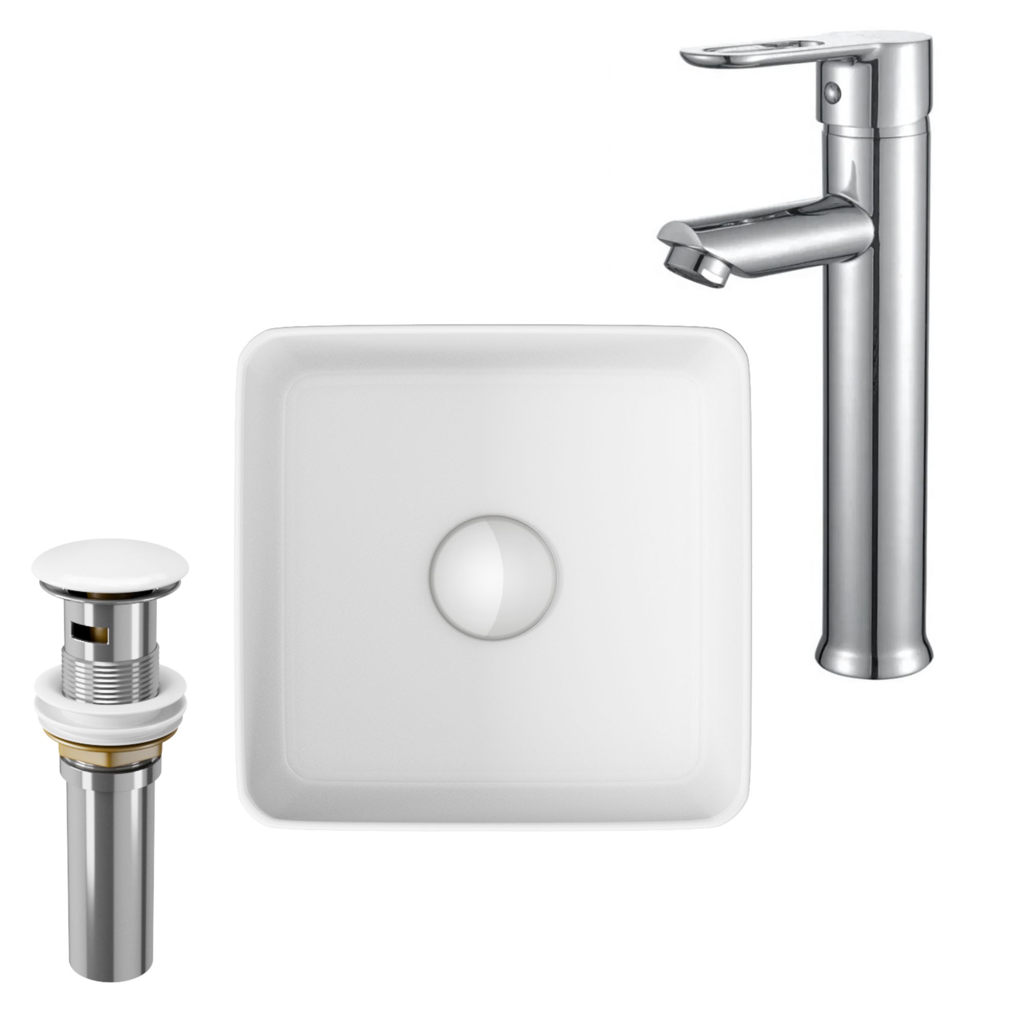 Раковина накладная со смесителем и выпуском (Умывальник BAU Mini квадратный 24х24 белый + смеситель для раковины высокий Diadonna Dream, латунь, выпуск клик клак, белый)