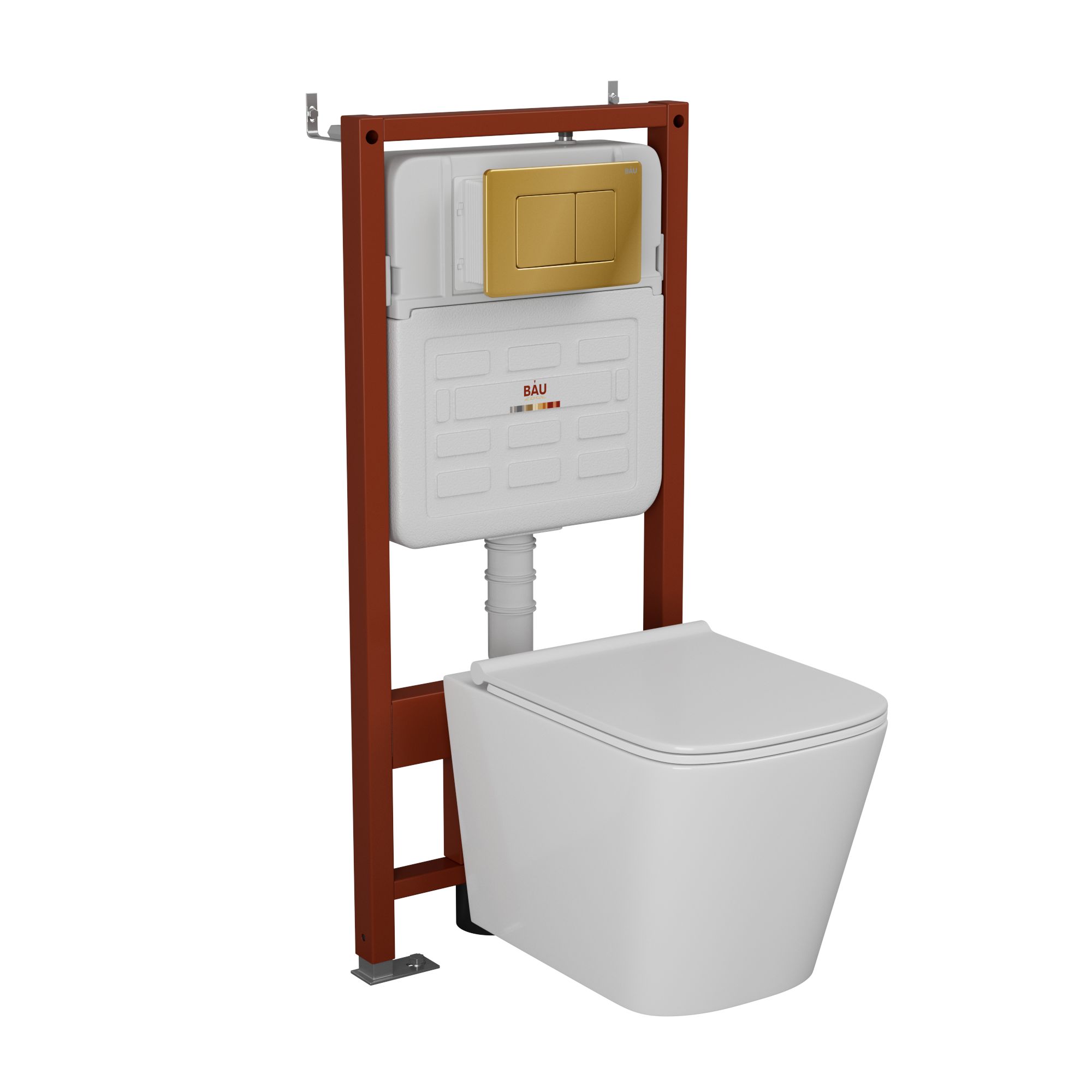 Комплект BAU 6 в 1: усиленная инсталляция BAU IDEAL, унитаз подвесной безободковый Bau Stil PRO, сиденье микролифт, клавиша BAU Light антивандальная, нерж. сталь золото