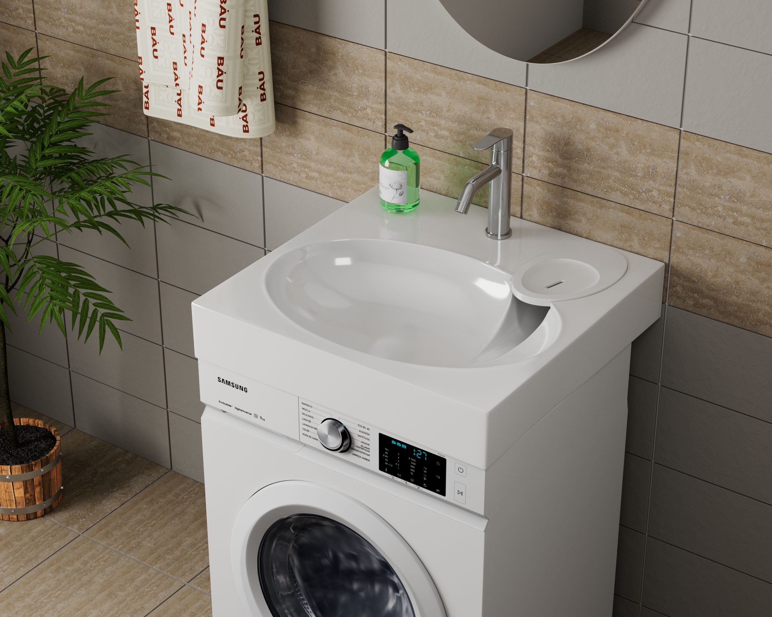 Раковина над стиральной машиной BAU Nimb 60х60, литьевой мрамор в комплекте с кронштейнами и сифоном, белый глянец