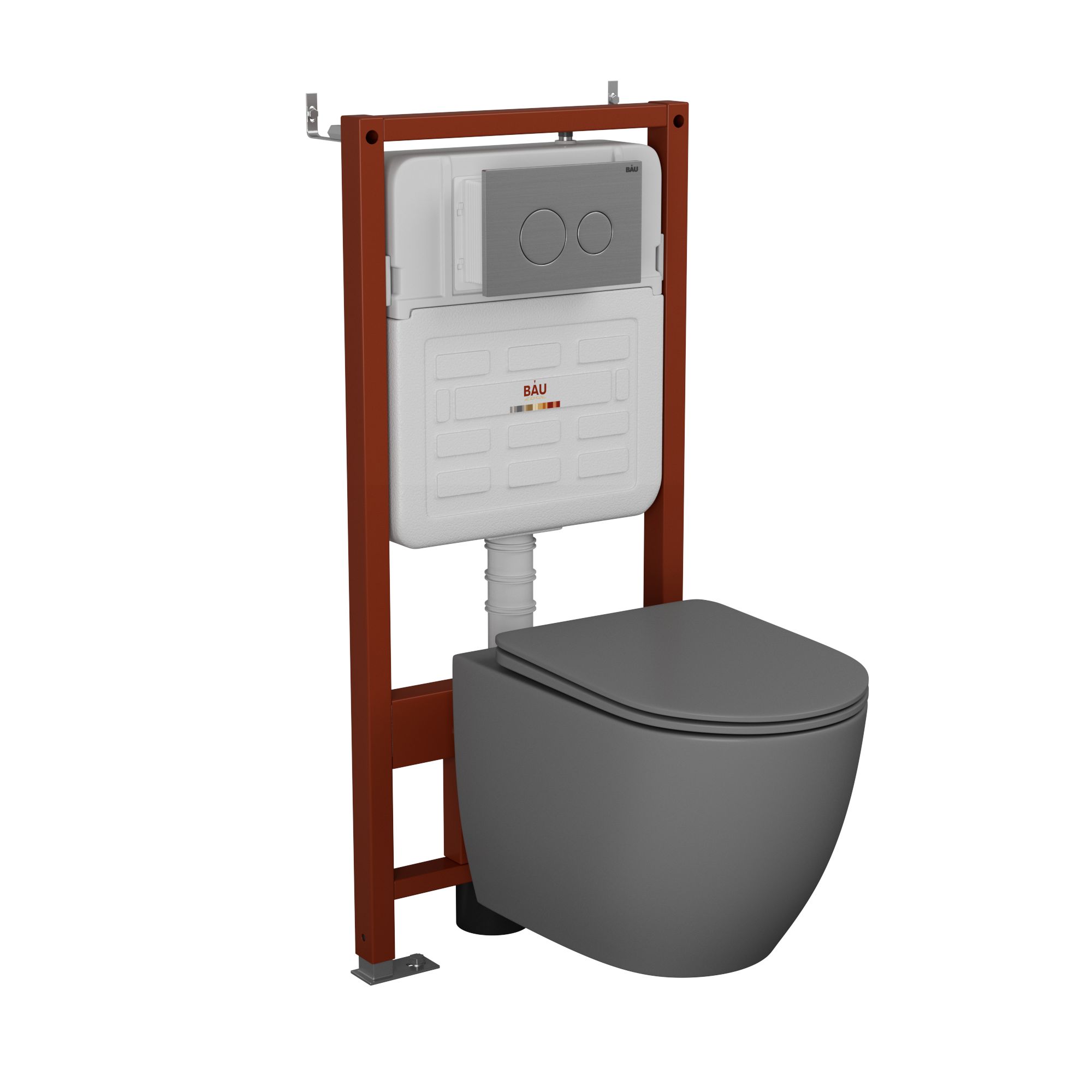 Комплект BAU 6 в 1: усиленная инсталляция BAU IDEAL, унитаз подвесной безободковый Bau Dream темно-серый матовый, сиденье микролифт, клавиша BAU Wheel антивандальная, нерж. сталь брашированная