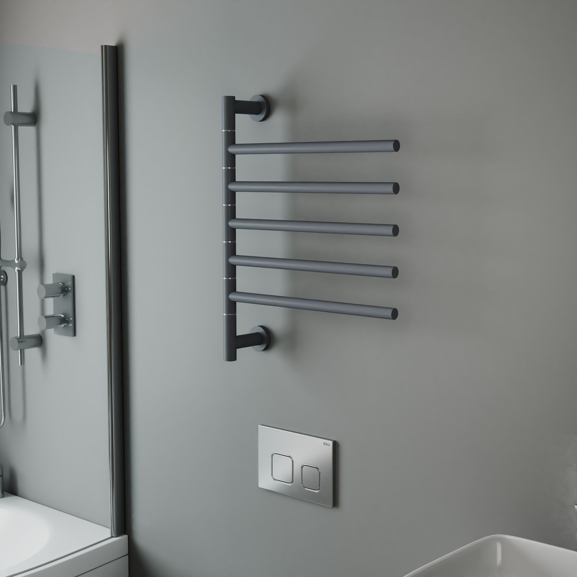 Полотенцесушитель дизайнерский электрический BAU Nimb Turning Gun Grey 60х50,подключение справа, подключение нижнее, темно-серый металлик