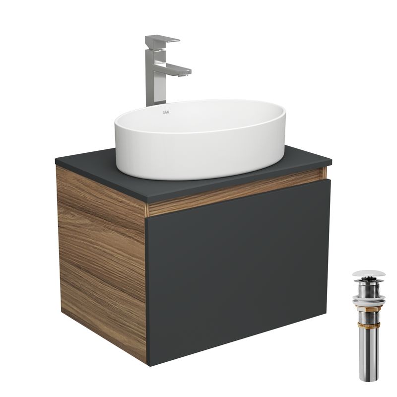 Комплект для ванной, 4 предмета (тумба Bau 60, графит + раковина BAU Nimb 50х36 + смеситель Hotel Still, выпуск клик-клак, белый)