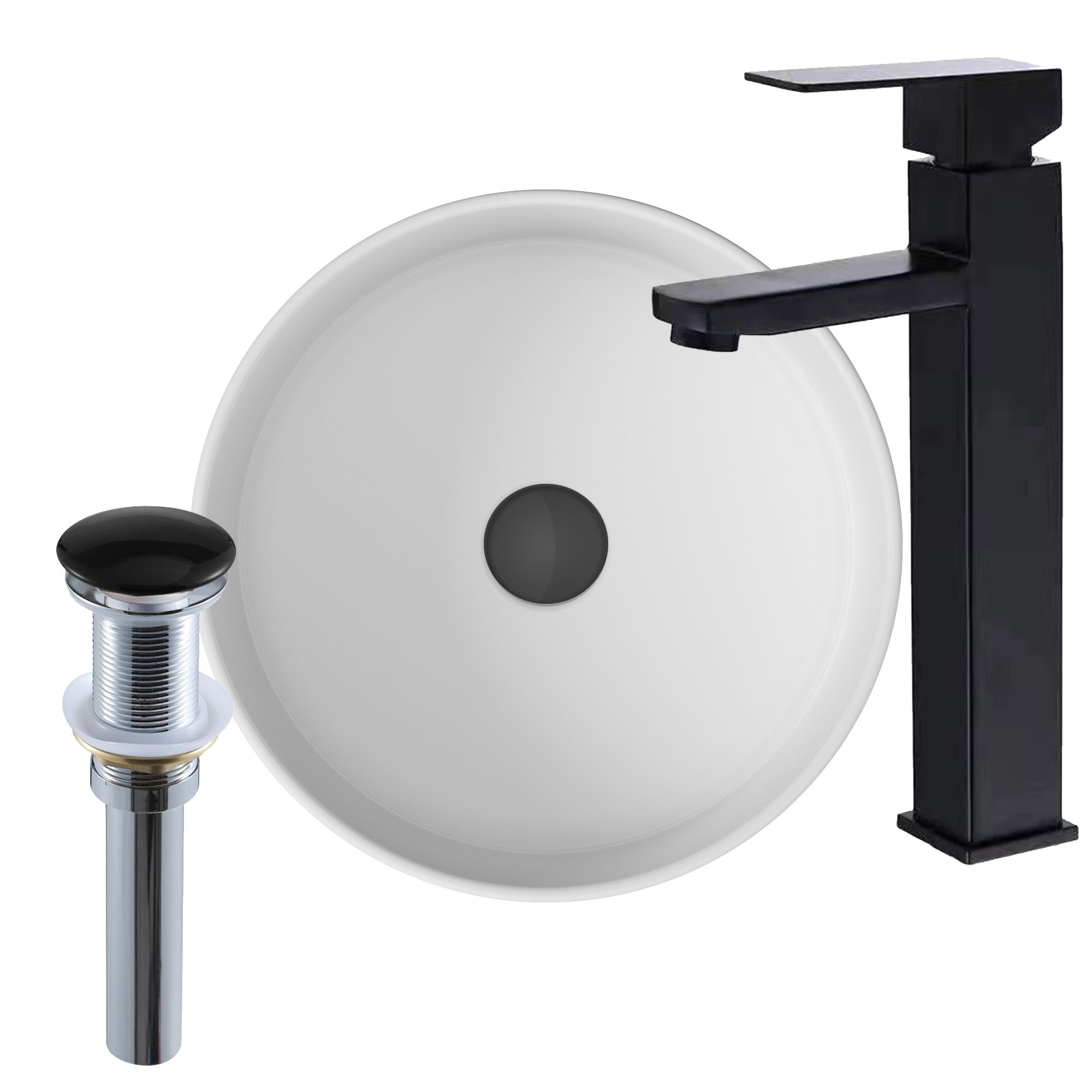 Раковина накладная со смесителем и выпуском (Умывальник BAU Dream круглый D41, белый + смеситель для раковины высокий Hotel Black, черный, выпуск клик клак, черный)