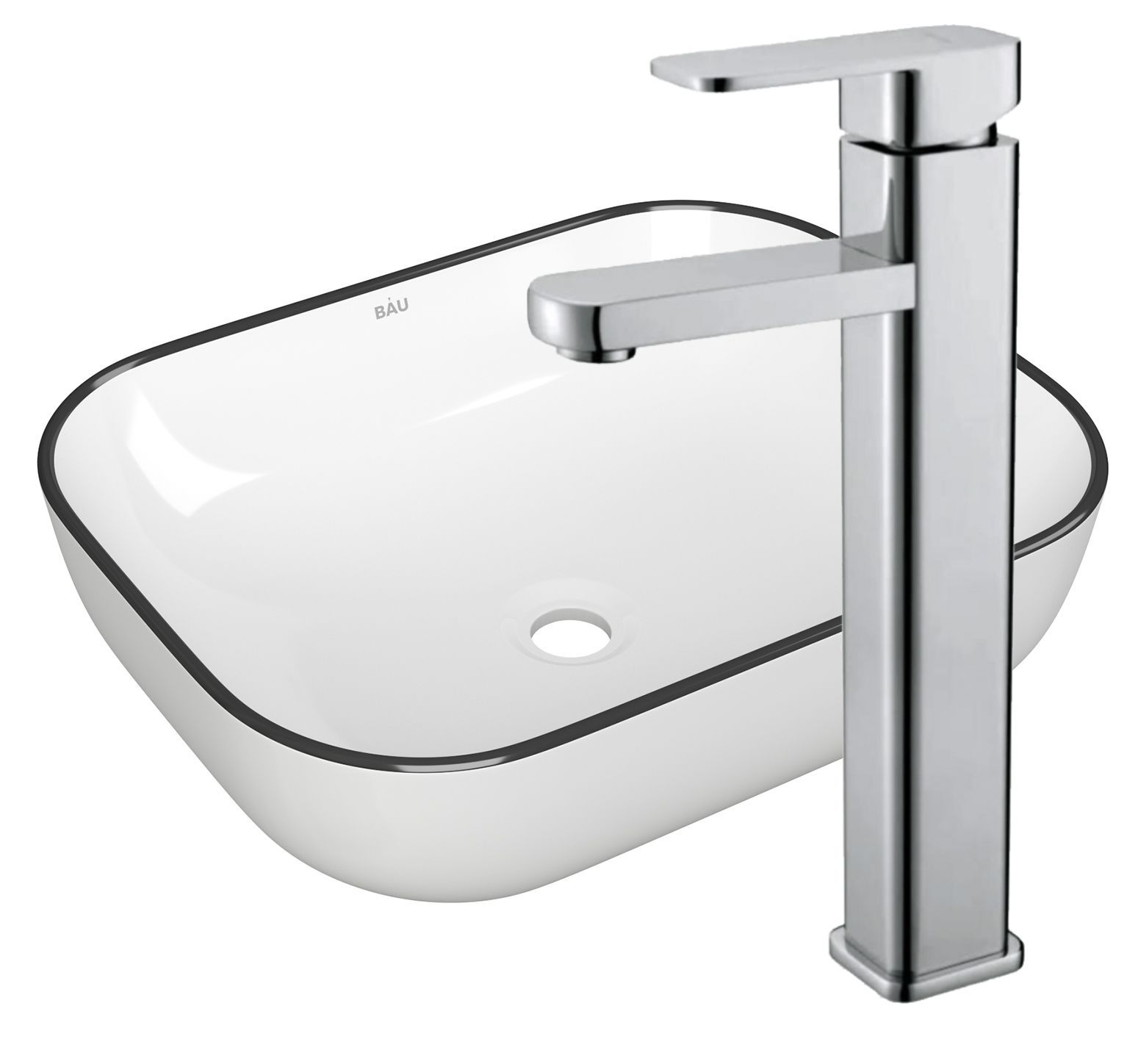 Раковина накладная со смесителем (прямоугольная BAU Stil 50х40, белая, черный кант + смеситель Hotel Still, нержавеющая сталь)